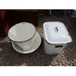 Enamel bucket, bowl and bread bin