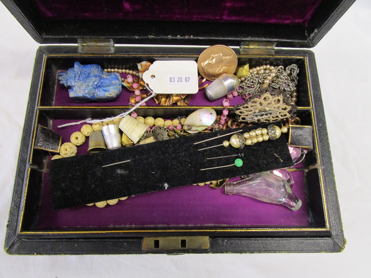 Box of costume jewellery to include thimbles & hat pins