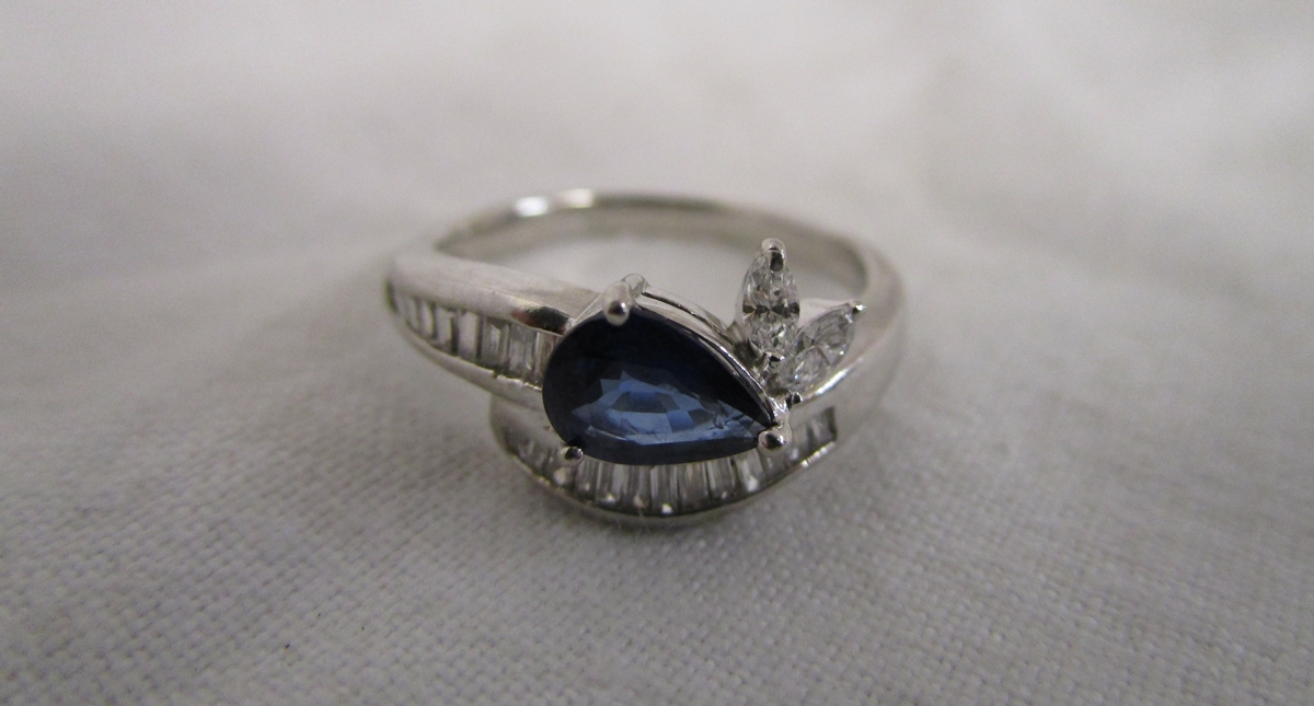 Fine platinum sapphire, baguette & marquee diamond set ring