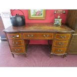 Edwardian mahogany inlaid pedestal desk with leather top
