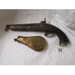 Antique percussion pistol and powder flask A/F