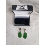 Pair of jade, diamond & emerald earrings