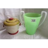 Green glass 2 handled jug and bakelite ice bucket