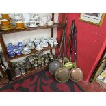 Shelf of silver plate, pewter & warming pans