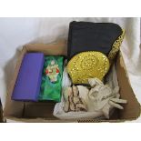 Vintage evening bags, green costume jewellery and Deco Pierot china pin dish