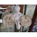 2 bisque cherub plaques, bust & small vase