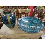 Large green ornate charger & vase