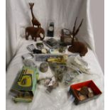 Box of collectables to include watches, coins & carved animals etc