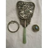 Jade handled Oriental white metal mirror, pill box and bangle