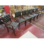 Set of 6 green leather button-back dining chairs to include 2 carvers