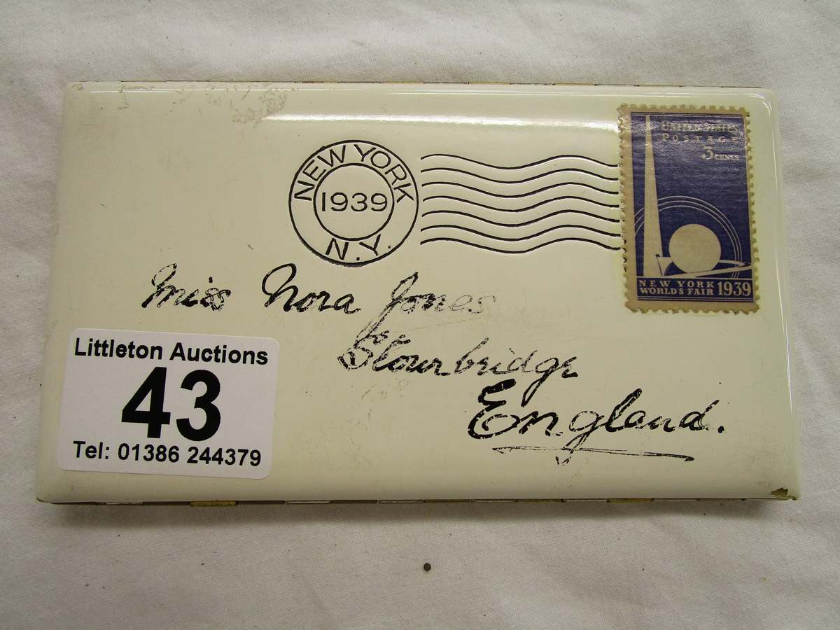 Stamps - Enamelled cigarette case in the form of an envelope with 'American 1939 World Fair Stamp' &