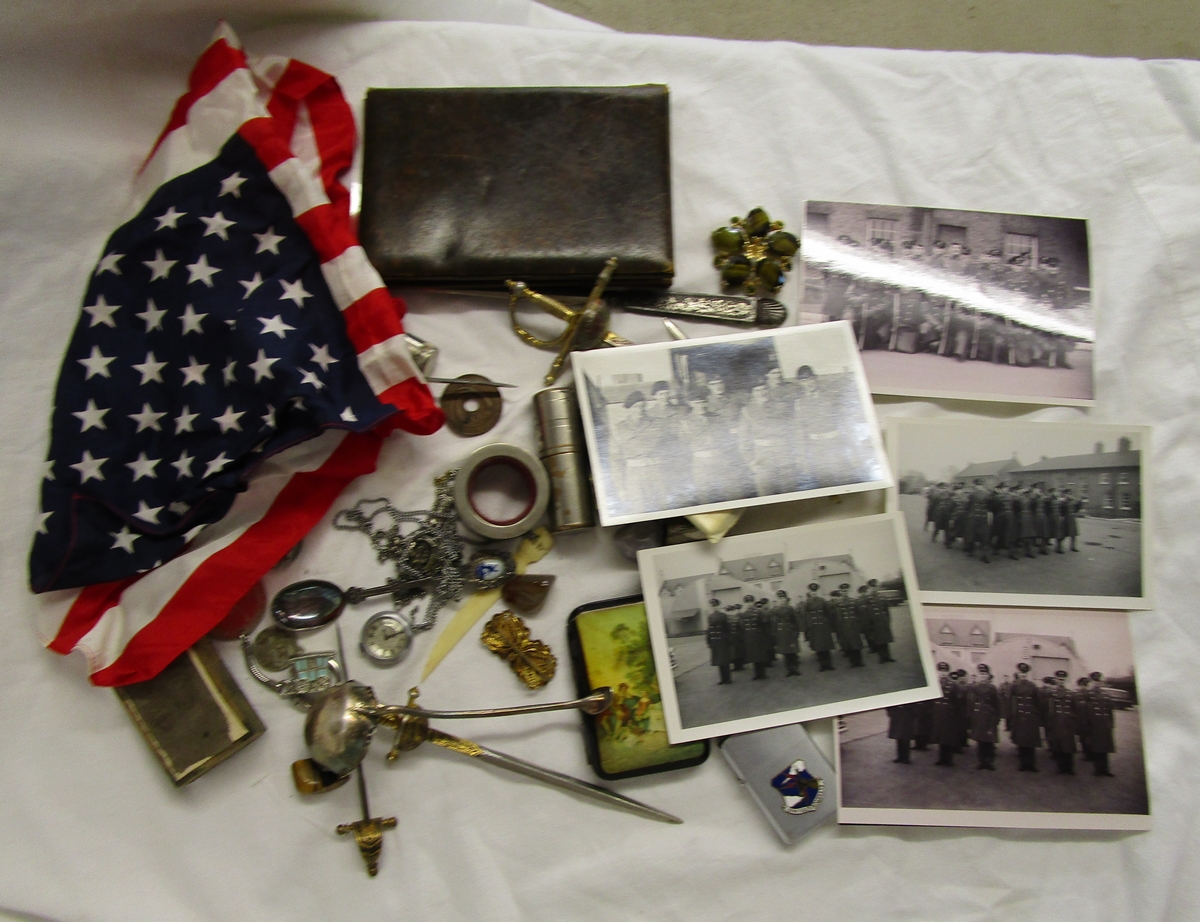 Wicker basket of collectables to include military photographs