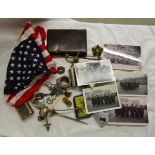 Wicker basket of collectables to include military photographs