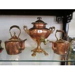 Copper samovar & 2 copper kettles