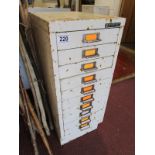 Small vintage 10 drawer filing cabinet marked Bisley