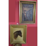 2 oils in gilt frames - Horse and stable interior