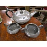 Pewter teapot, milk jug & sugar bowl