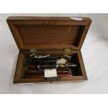 Small wooden box & contents to include 4 fountain pens & watches