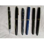 Box of 5 fountain pens with 14ct gold nibs & propelling pencil