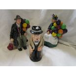 3 Royal Doulton figures - Old Balloon Seller (HN1315), Balloon Man (HN1954) & Winston Churchill (