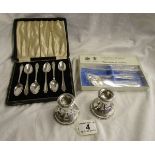 Pair of silver candlesticks, boxed set of silver spoons and boxed Arthur Price EPNS for children