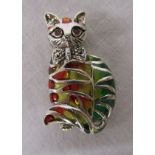 Silver champlevé & stone set cat brooch