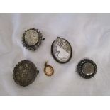 3 Victorian silver brooches & 2 cameo brooches