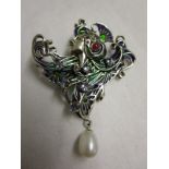 Silver enamel & stone set Art Nouveau style brooch