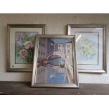 2 still life watercolours & Venetian scene oil painting