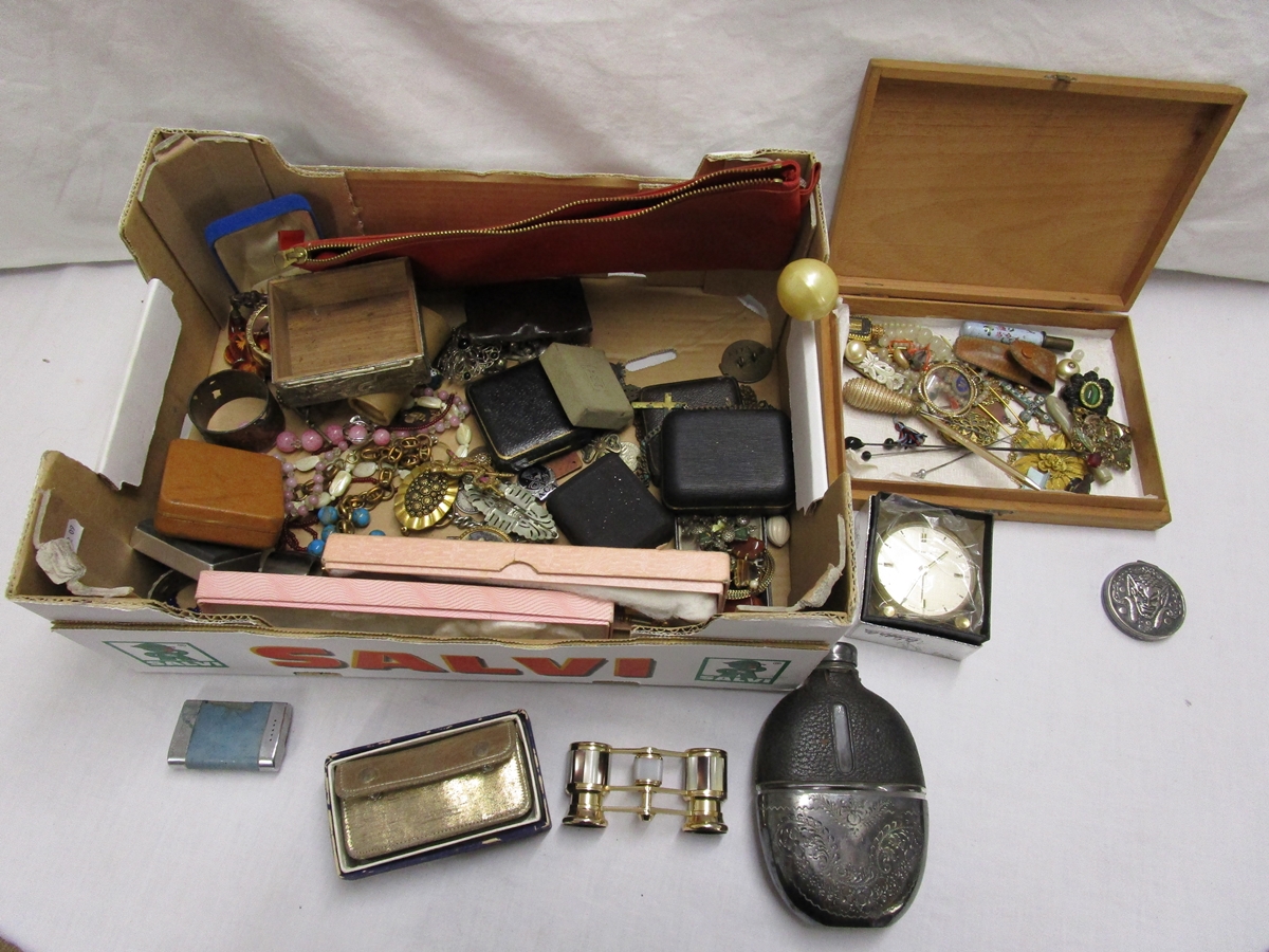 Large box of collectables to include hip flask, vintage clock & costume jewellery