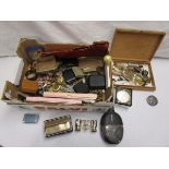 Large box of collectables to include hip flask, vintage clock & costume jewellery