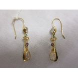 Pair of 15ct gold moonstone & amethyst drop earrings in the style of Murielle Bennett