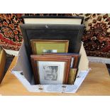 Box of pictures to include 3 watercolours, 2 oil paintings & others