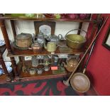 2 shelves of metalware to include horn