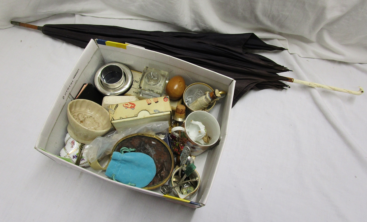 Box of collectables & bone handled parasol