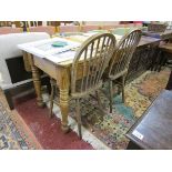 Antique pine table with drop leaf and 2 stick back chairs