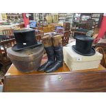 Collection of hats, hat box & pair of leather boots