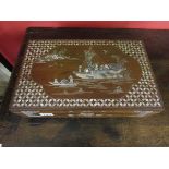 Oriental themed ornate work box inlaid with mother of pearl