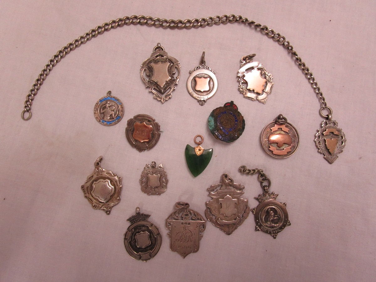 Box of fobs, chains etc - Mostly hallmarked silver