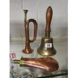 Small horn, powder flask marked Sykes & school bell