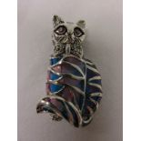 Silver & enamel stone set cat brooch
