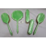 Hallmarked silver brush & mirror set with engine turned green enamel