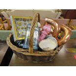 Wicker basket of collectables to include copper & ceramics