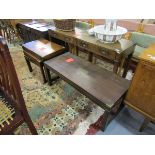 Brass mounted oak console table, coffee table & nest of tables