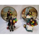 2 Royal Doulton figures & plates - HN 1315 (The old balloon seller) & HN1954 (The balloon man)