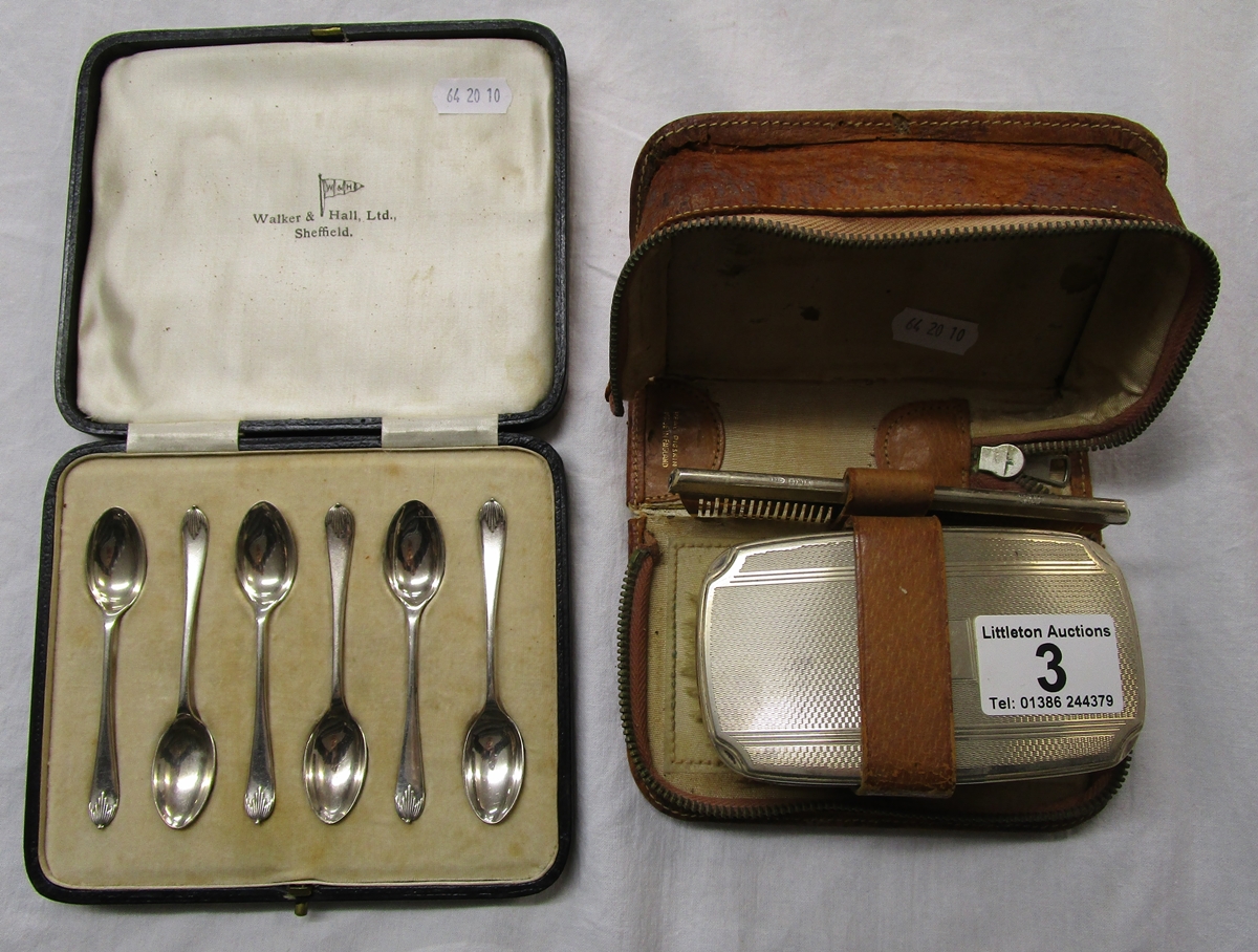 Silver brush set in leather case & boxed set of 6 EPNS spoons