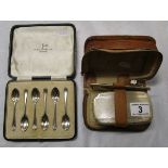 Silver brush set in leather case & boxed set of 6 EPNS spoons