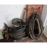 Collection of early equine equipment to include horses hames with leathers