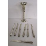 Set of unusual silver handled knives & silver bud vase