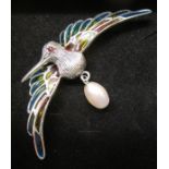 Champlevé enamel & silver seagull brooch